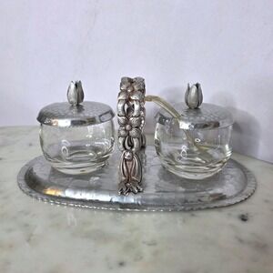 Vtg Tulip Hammered Aluminum Metal Glass Condiment Server Tray Set Handle Spoon